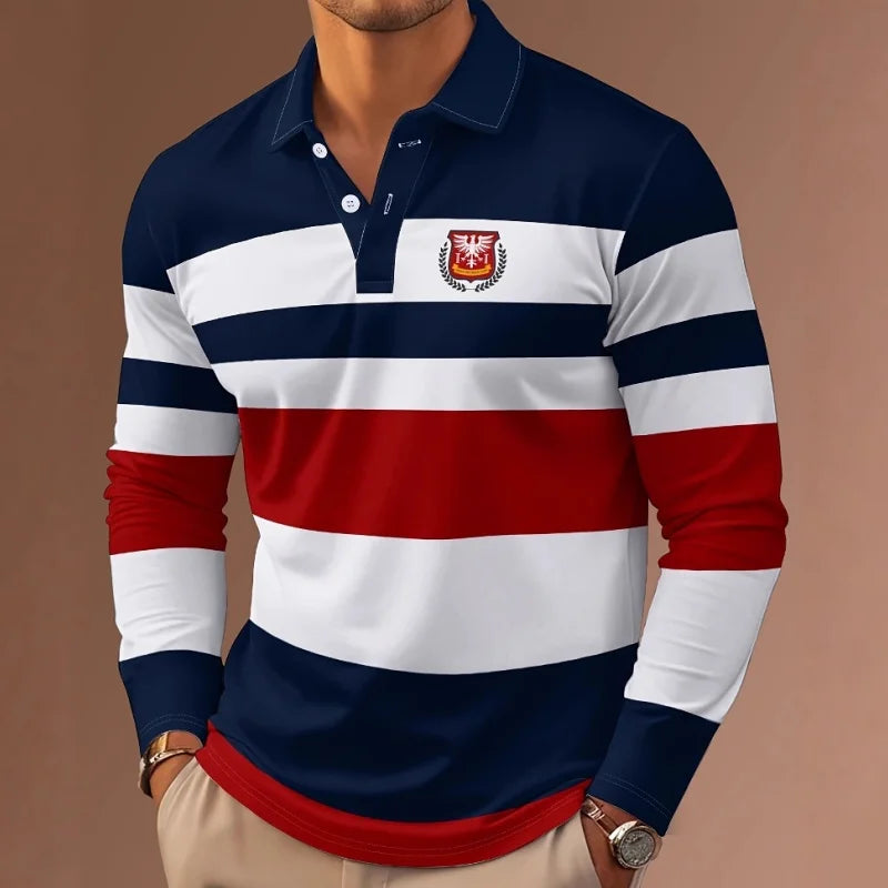 Men's long sleeve polo shirt with classic stripe print, comfortable fit, button collar, autumn casual style by Showlu Fashion Store