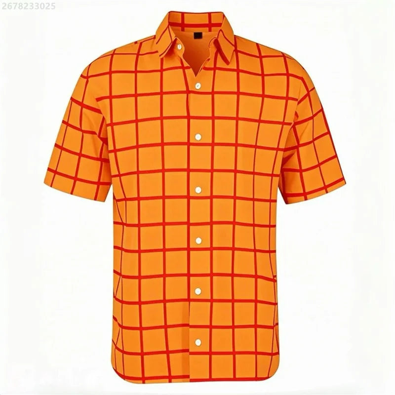 Men's short-sleeved Hawaiian style plaid shirt in red and blue with lapel, breathable casual streetwear, available in XS-6XL.