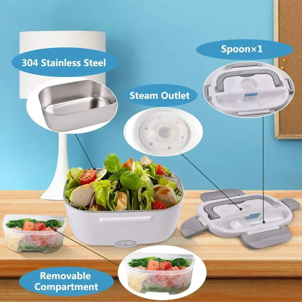 Stainless steel Sokany 2-in-1 electric heating lunch box for car and home, compact bento-style food container with lid.