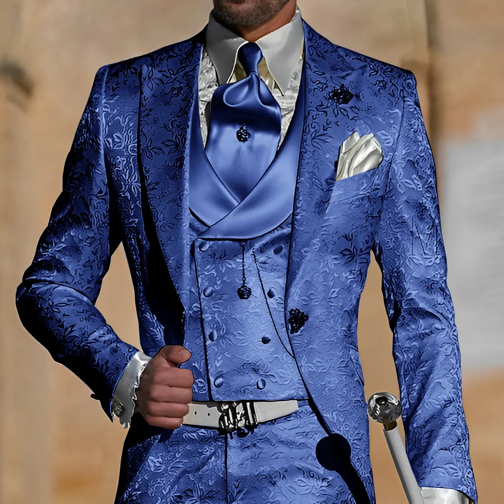 Jacquard men's 3-piece suit including tuxedo jacket, pants, and vest, slim fit, formal wedding or groom party attire.