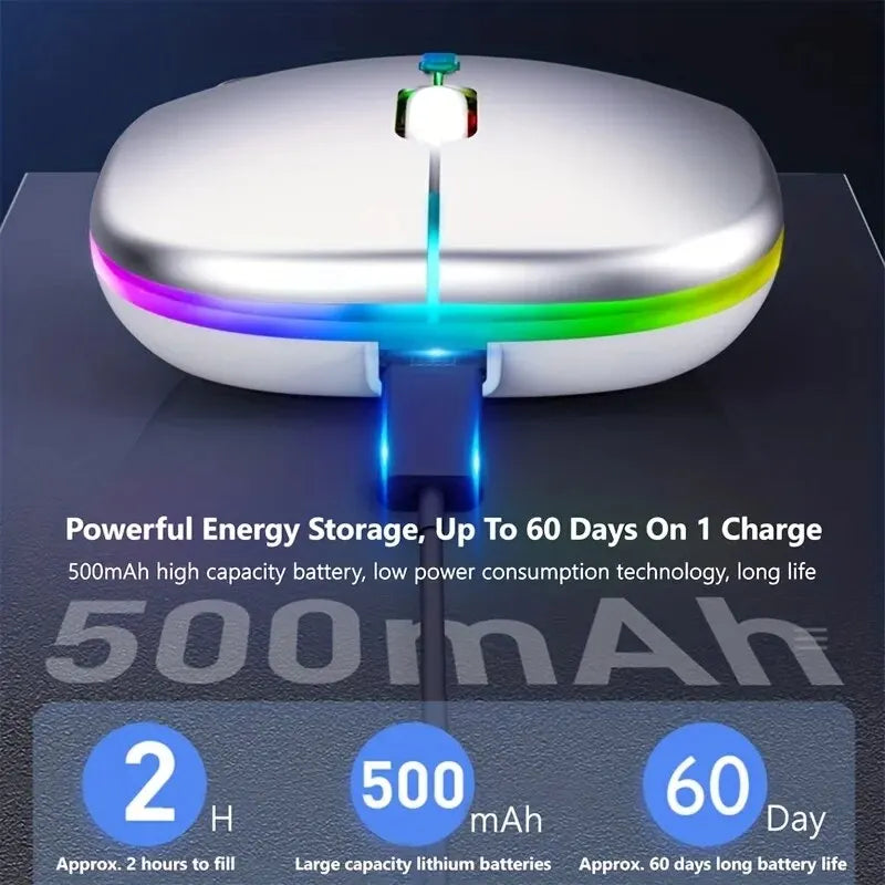 Wireless gaming mouse with backlit RGB lighting, ergonomic design, USB rechargeable, silent buttons, suitable for laptop and PC use