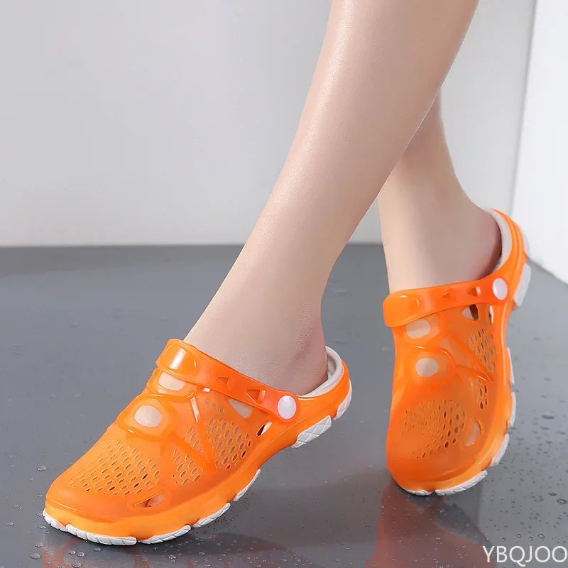 Showlu Women's casual jelly sandals with flat soles, waterproof beach water shoes, ideal for outdoor and water activities.