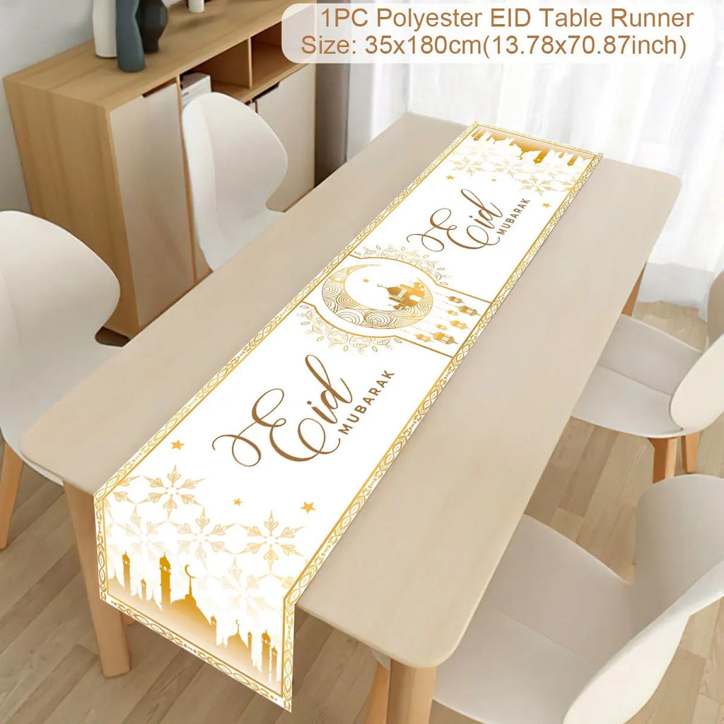 Islamic Ramadan table runner with Eid Mubarak design, perfect for home Eid al-Fitr celebration decorations and Muslim party decor