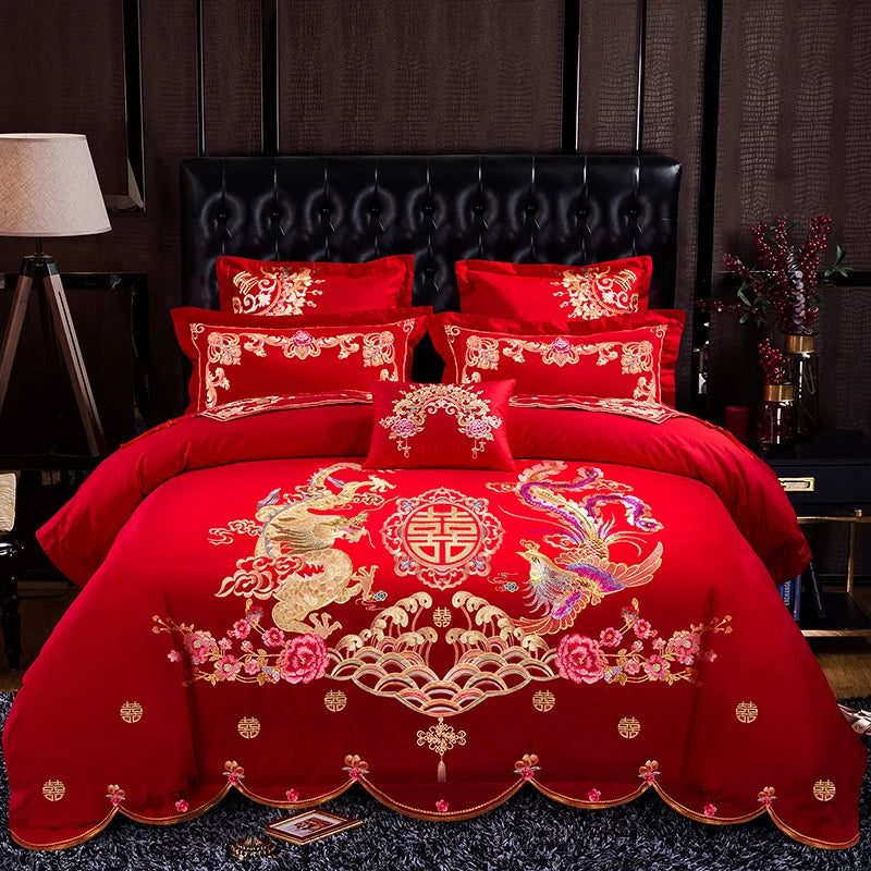 Red Chinese Style Wedding Embroidery Duvet Cover Bed Sheet Set Cotton Solid Princess Bedding Set Luxury Romantic Girls Bed Cover