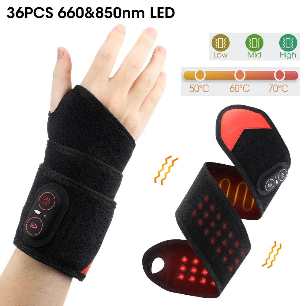 Electric heating ankle massager with LED lights, vibration, and red light therapy for left or right foot and wrist support.