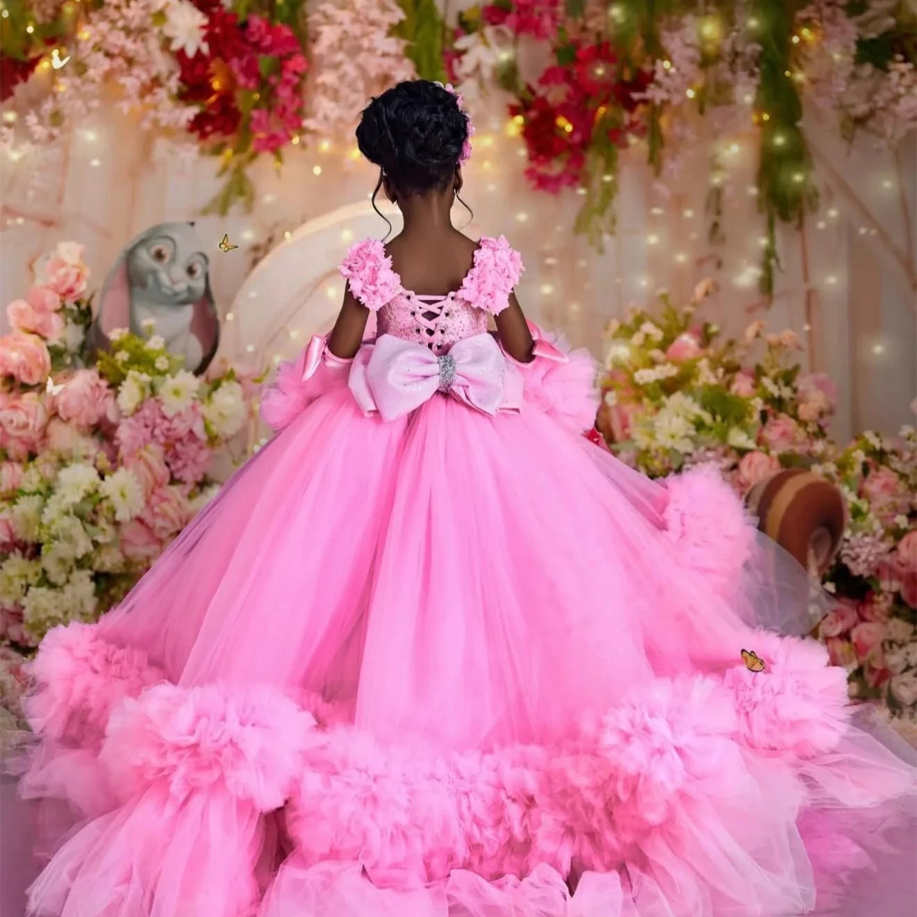 Customized Pink Flower Girl Dress For Wedding Glitter Bow Sleeveless Tiered Floor Length Kids Birthday First Communion Gown