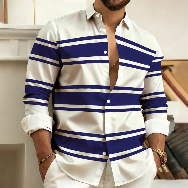 Men's striped long-sleeved casual shirt with lapel, outdoor street style, from Showlu Fashion Store, made of comfortable fabric.