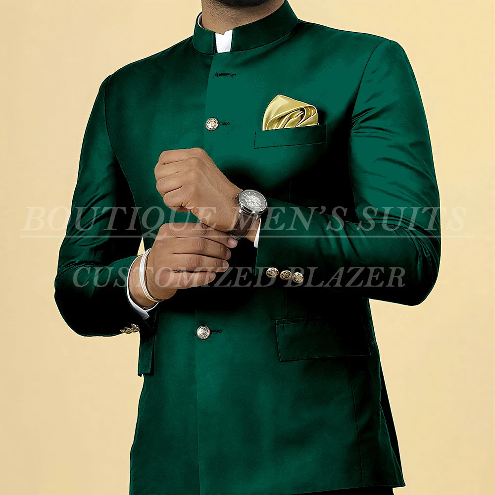 Formal slim fit men's wedding suit blazer with single breasted stand lapel and matching pants, elegant 2-piece tuxedo outfit.