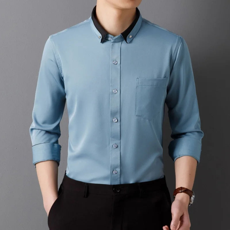 Men's Shirt Long Sleeve Elastic Wrinkle Proof Business Office Spring and Autumn Top Classic Solid royal blue -Black -White-green