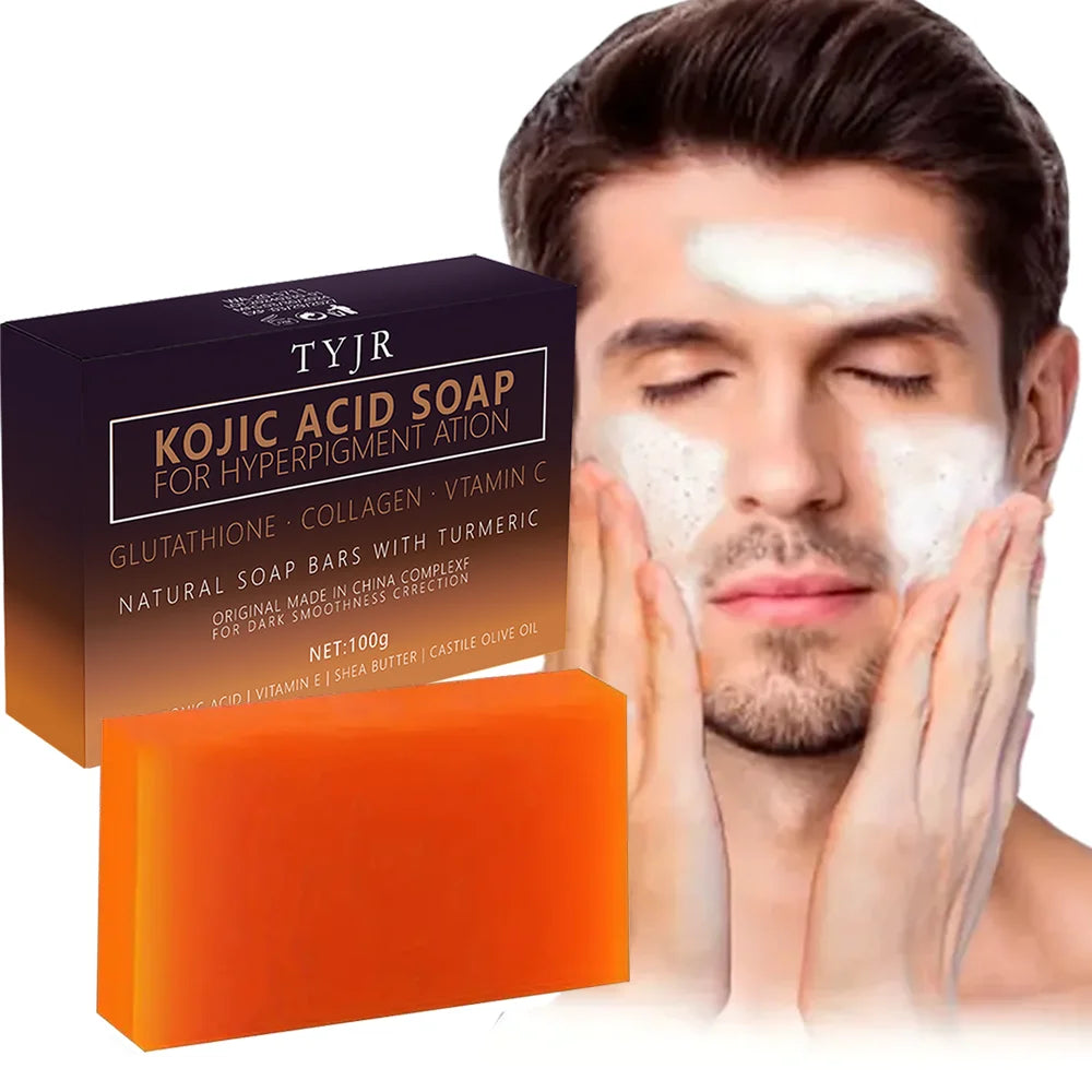 Handmade turmeric kojic acid soap with massage bar for face and body, featuring deep cleansing, exfoliation, and moisturizing benefits.