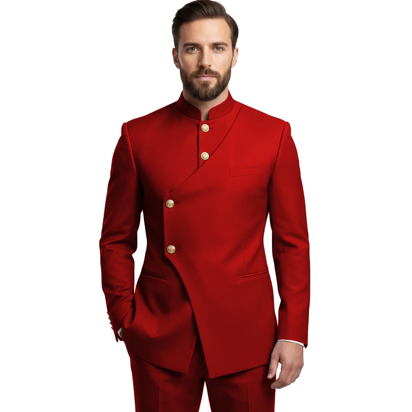 Chinese Suit Men 2 Piece Tunic Suits Slim Fit Safari Suits for Men Mandarin Collar Suit Blazer Pants Set