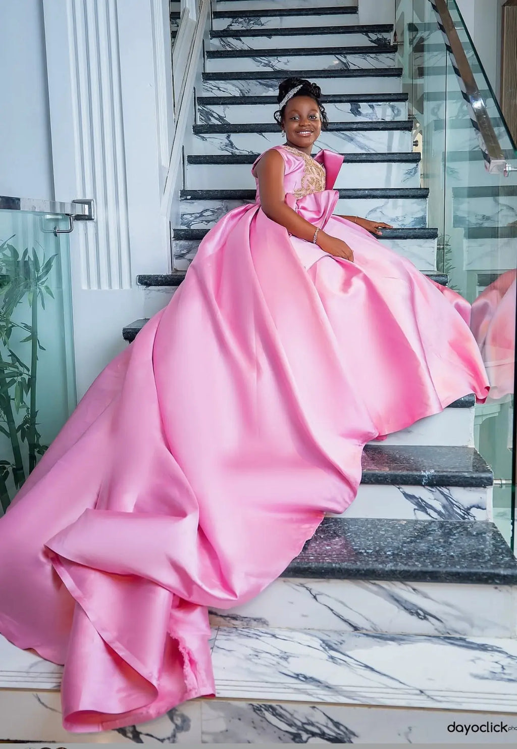 Custom luxury pink satin ball gown by 1170uf-he featuring beaded floral embellishments and a flowing skirt for flower girl attire.