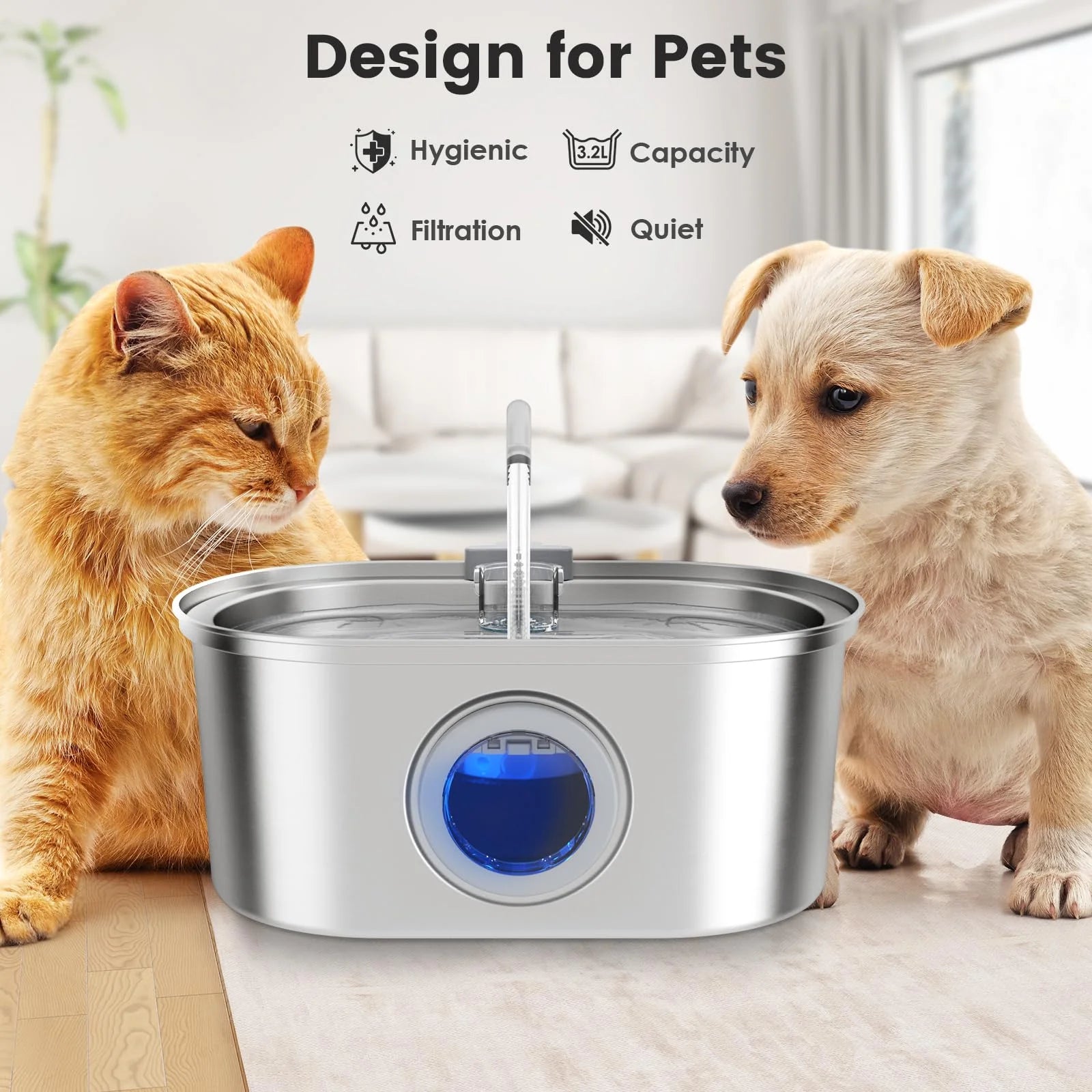 Stainless steel ZKYJ 3.2L cat water dispenser with automatic fountain and ultra-quiet operation, ideal for pet hydration.