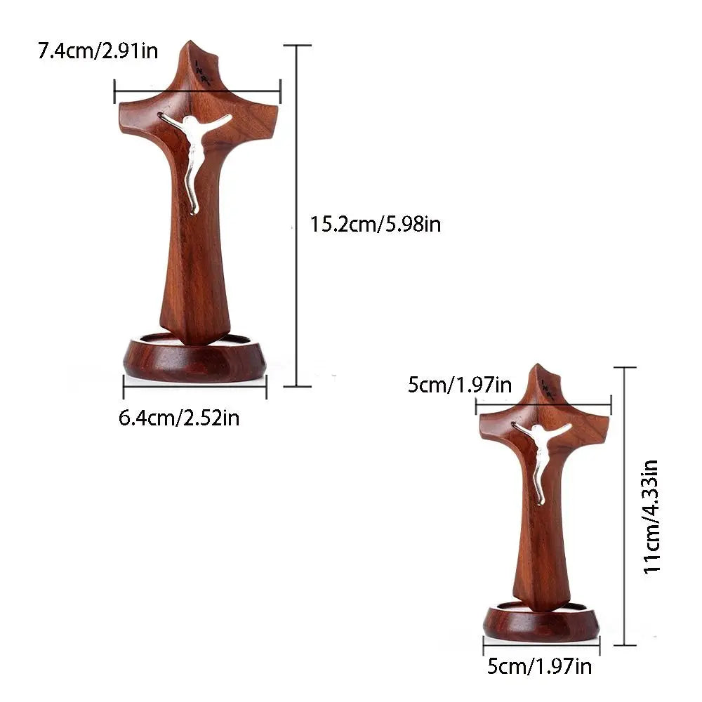 Wooden hollow cross sculpture with natural finish, standing on a base, vintage crucifix ornament for religious or decorative display