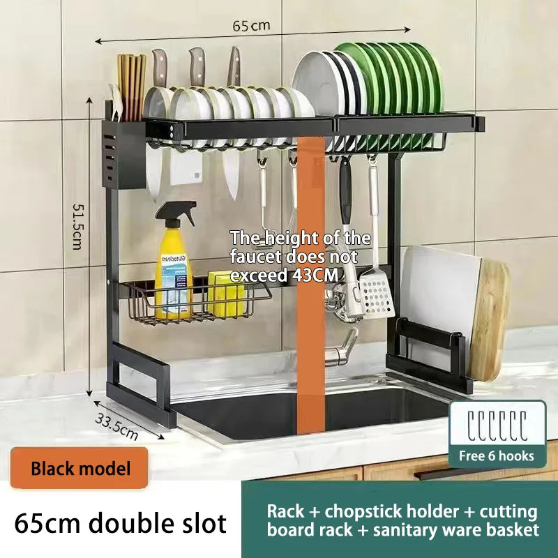 Stainless steel kitchen sink dish drain rack and utensil holder with multiple compartments for drying and organizing dishes.