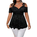 Plus size Showlu women's cold shoulder lace peplum V-neck T-shirt, stylish and comfortable top with lace detailing and a flattering fit.