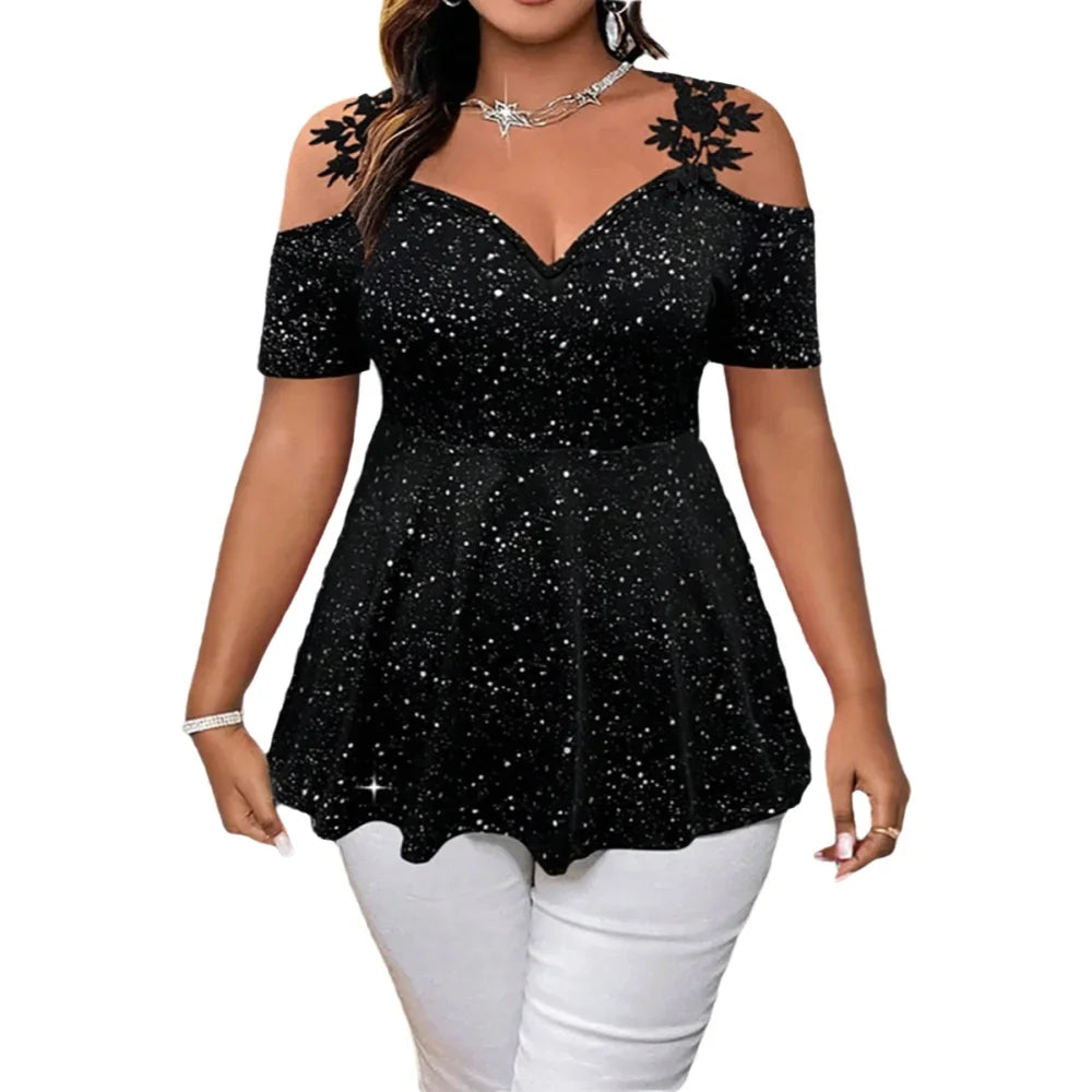Plus size Showlu women's cold shoulder lace peplum V-neck T-shirt, stylish and comfortable top with lace detailing and a flattering fit.