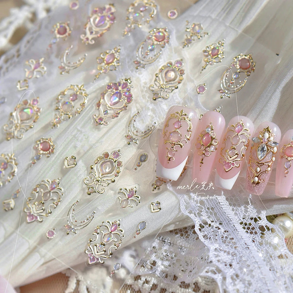 Elegant gold scepter 5D nail art stickers with gemstone design for luxurious manicure decorations, featuring self-adhesive details.