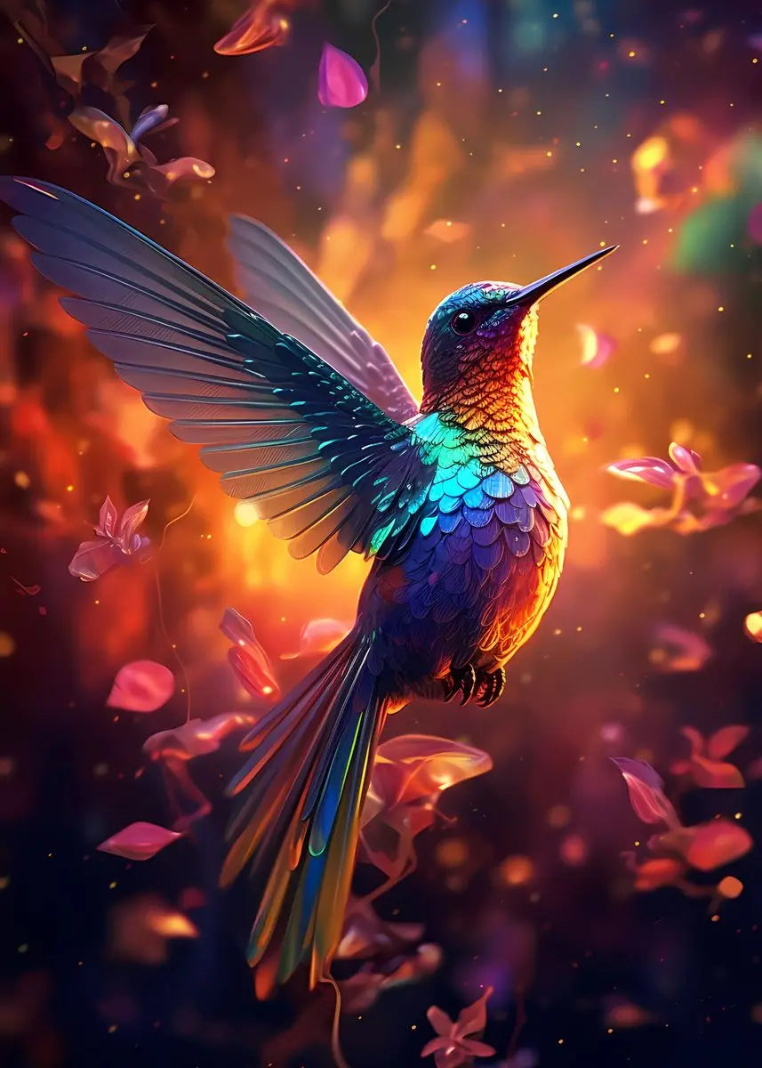 Colorful watercolor hummingbird and flower wall art canvas print, vibrant bird and floral home decor for living room.