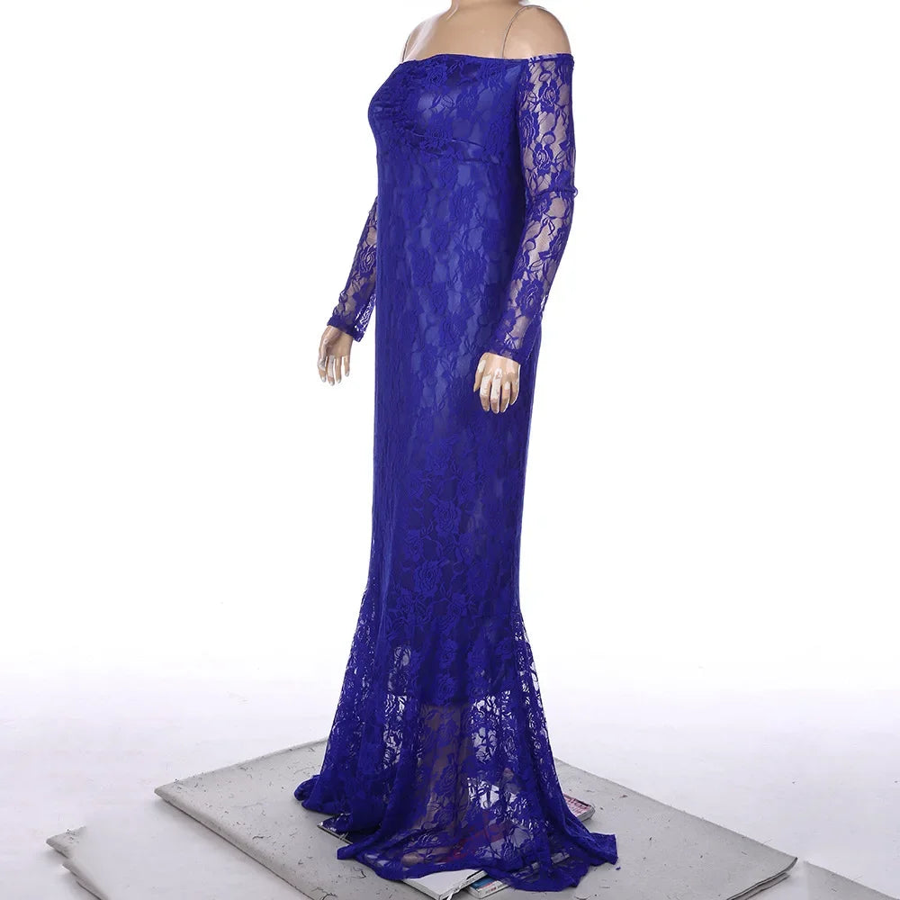 Sexy mermaid lace maternity photography gown in navy blue, featuring a fitted silhouette and elegant design by Showlu Fashion.