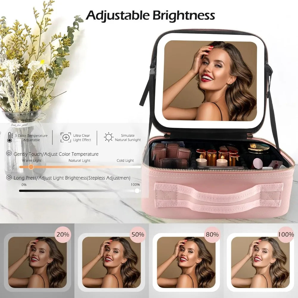 SHOWLU Makeup Bag with LED Mirror, large travel cosmetic organizer, black nylon, showing interior compartments and LED mirror feature.