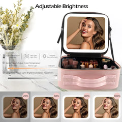 A pink makeup travel case with an integrated LED mirror and adjustable interior dividers.