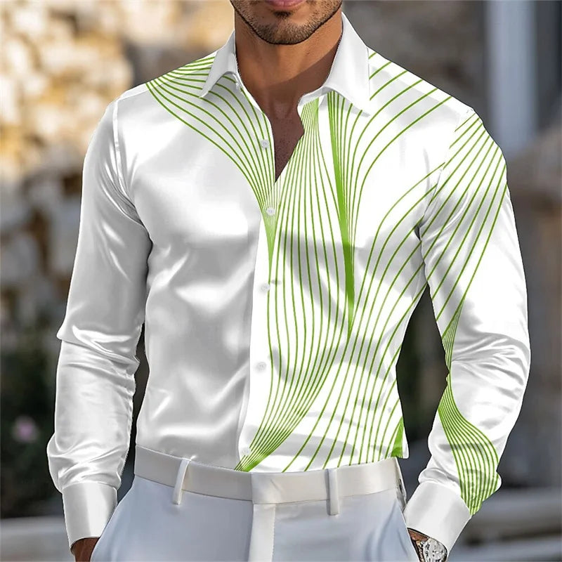 Men's abstract liquid art satin shirt by Showlu Fashion with long sleeves, pink, blue, gold, and green colors, casual summer style.