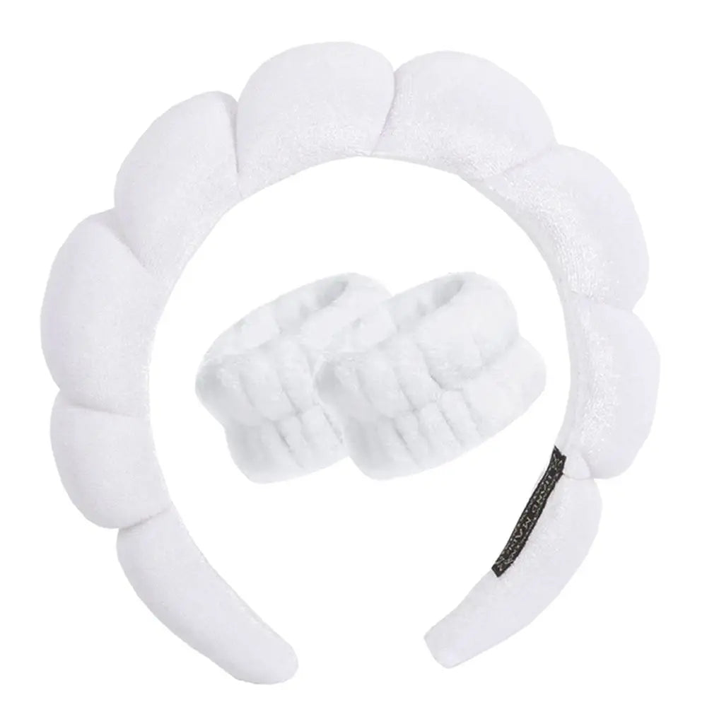 Set of three microfiber washing wristbands and puffy spa bubble headbands for face washing, makeup, and skincare routines.
