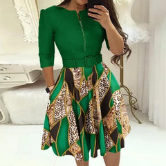 Fashion Women Patchwork A-line Dresses Autumn/Winter Round Neck Printed Belt Party Dress Elegant Office Lady Zipper Dress