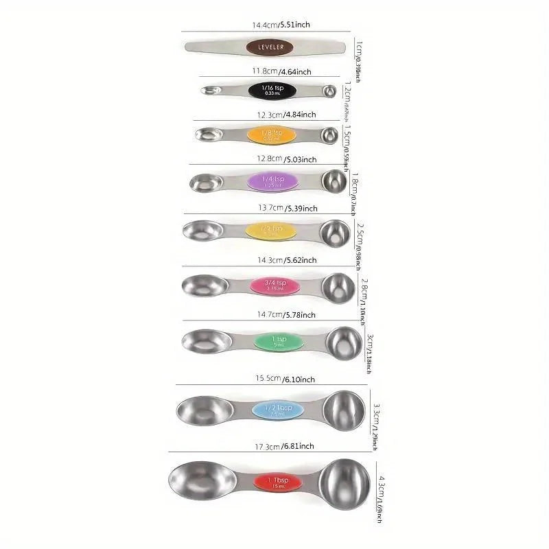 Showlu Smart General magnetic measuring spoons set with stainless steel handles and engraved measurement markings.