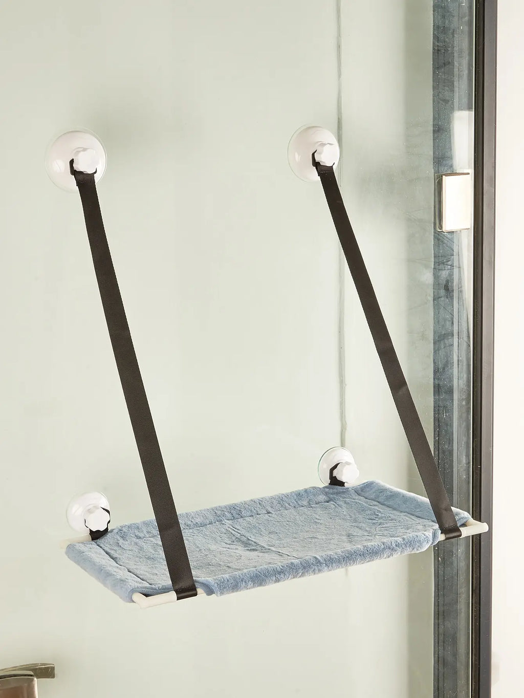 Double layer window suction cat bed by PETLEAD featuring a hanging hammock toy, designed for cats to relax and play.