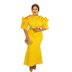Stylish Sparkly Diamond Women Evening Party Dress High Collar Ruffles Cold Shoulder Short Sleeve With Belt Wedding Occasion Gown