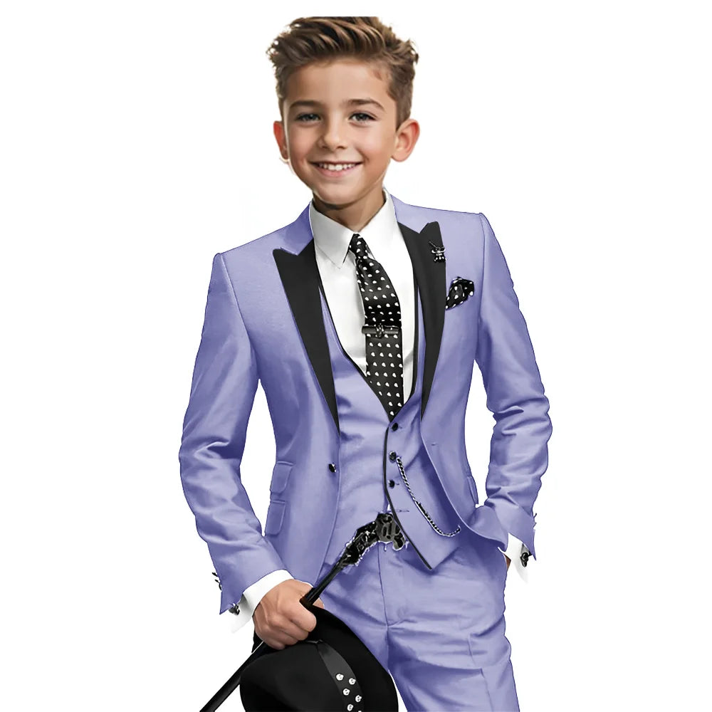 Navy blue boys' tuxedo 3-piece suit with blazer, pants, and vest, perfect for formal weddings and events for ages 2-16.