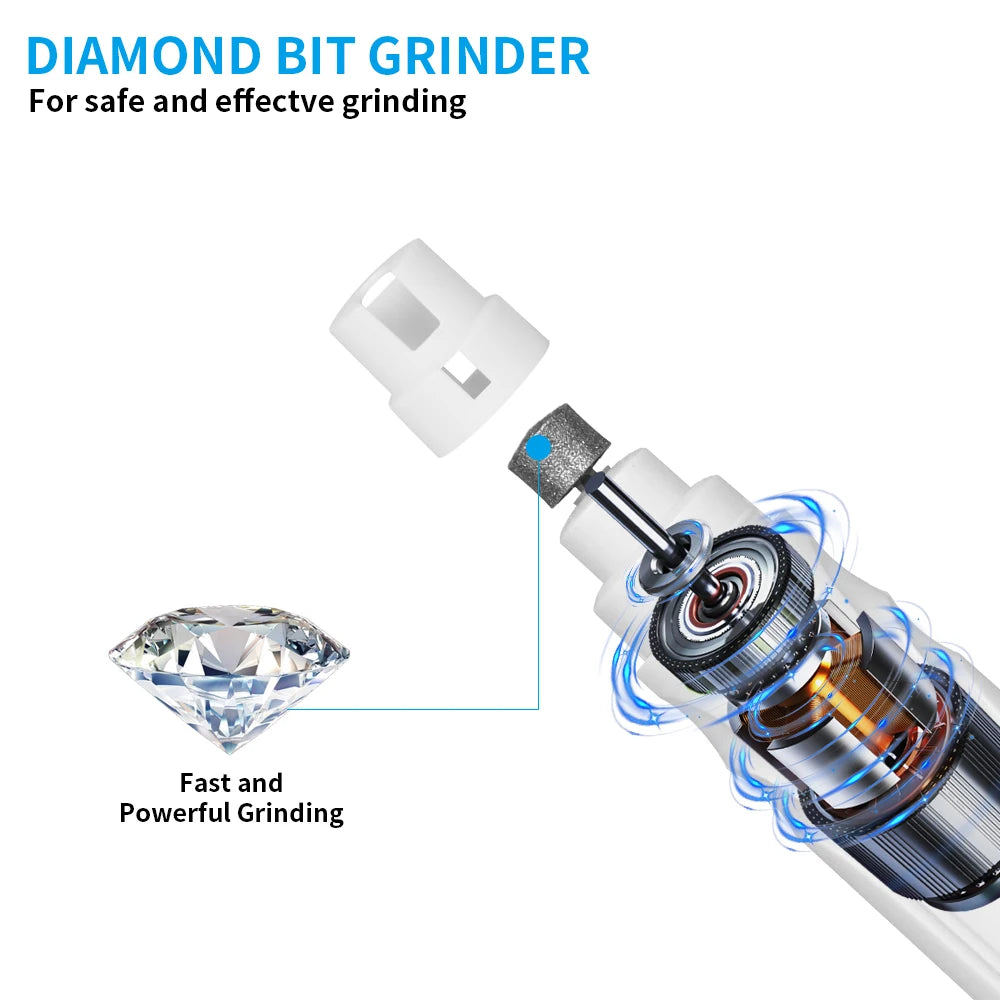 Electric USB rechargeable dog nail grinder with LED light, compact nail grooming trimmer for pets.