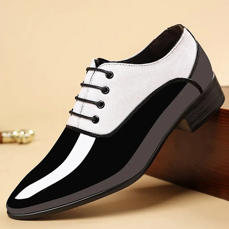 Black men's patent leather Oxford shoes by Showlu Fashion Store, formal dress shoes with sleek, polished finish and classic design.