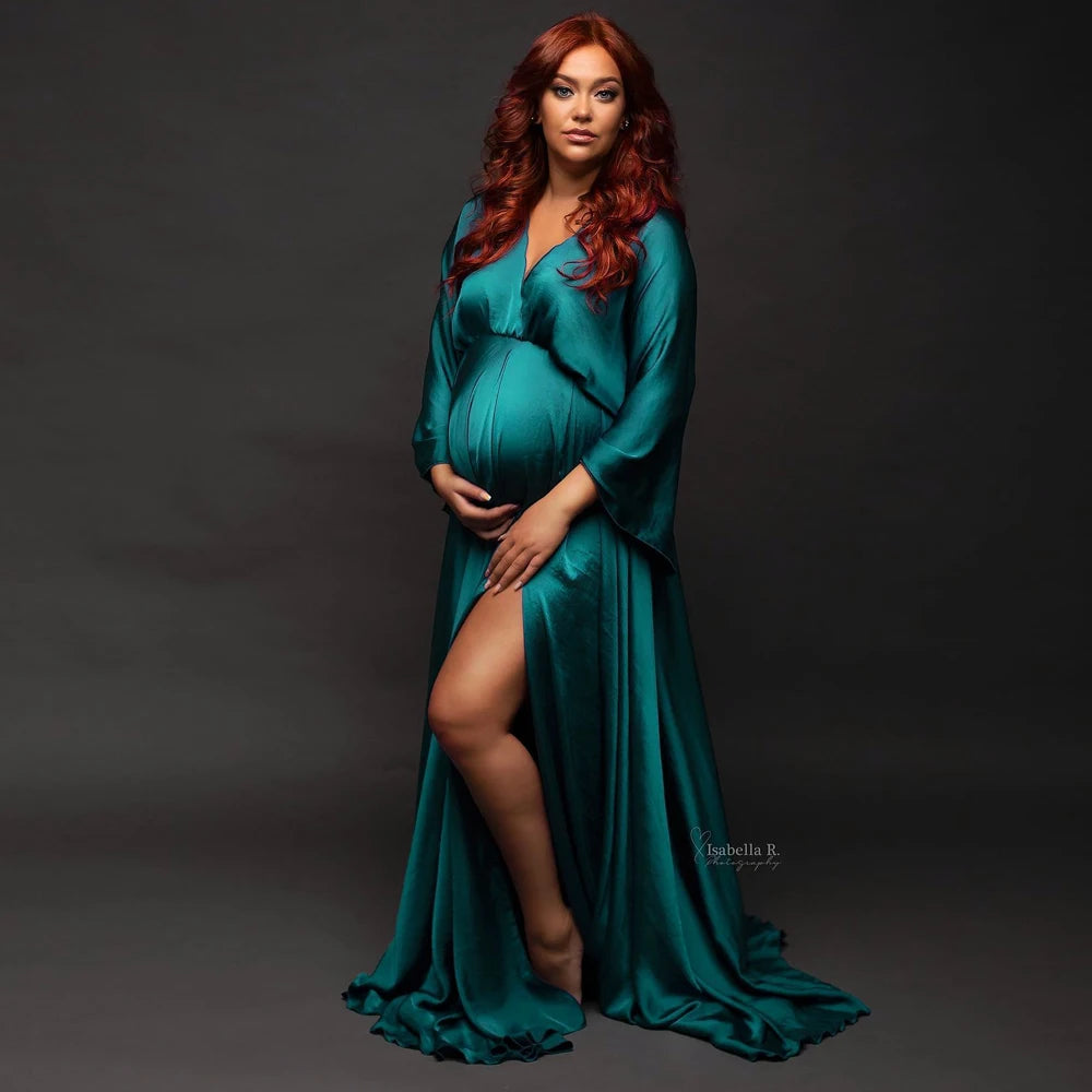 Boho maternity photography dress by Showlu Fashion Store featuring a V-neck lace slit design and flowing fabric.