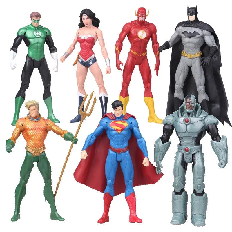 Justice League action figure by Bandai, 18cm movable PVC DC toy featuring detailed superhero character pose.