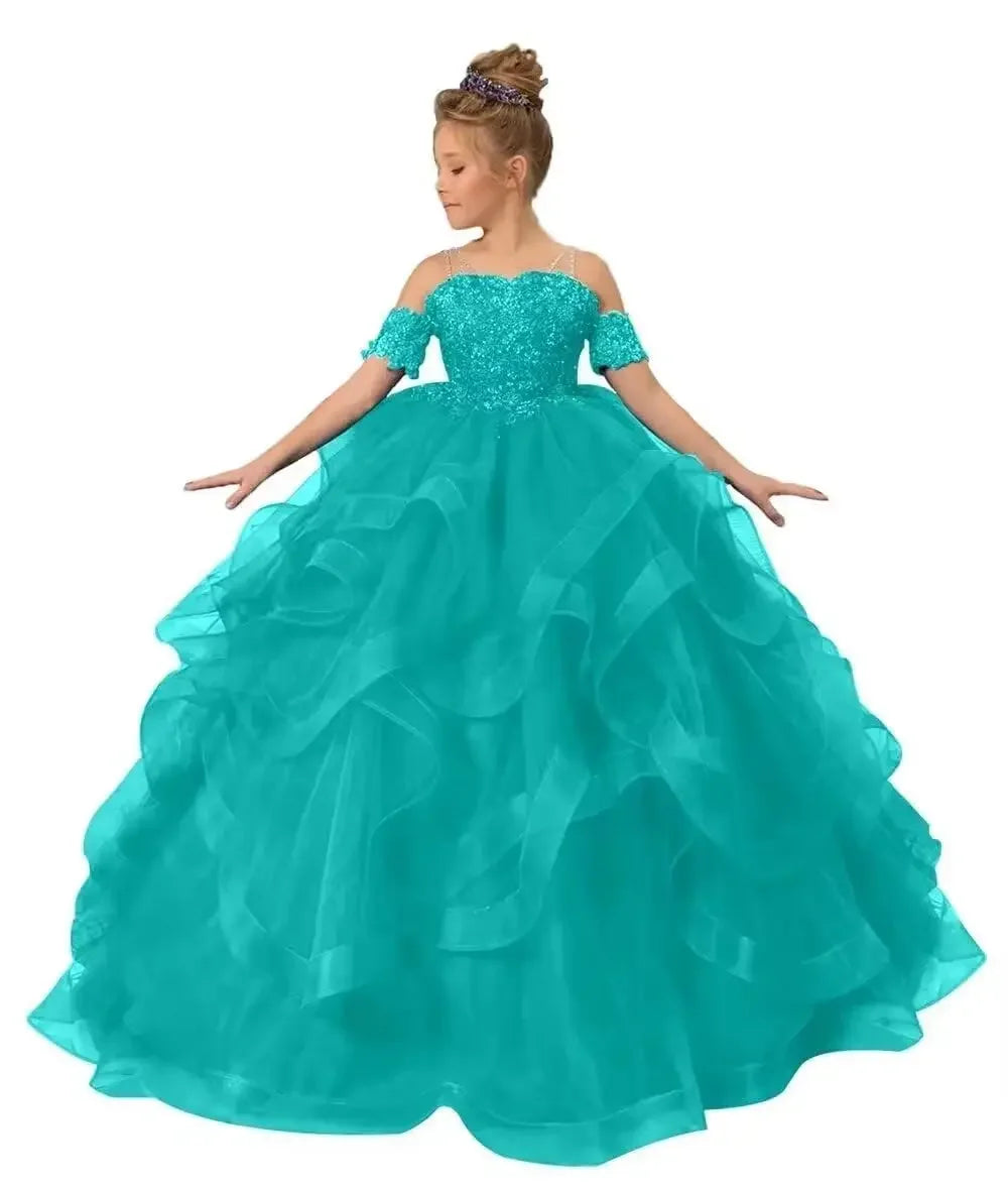 Showlu Fashion Gdybao flower girl dress with off-shoulder tulle ball gown design for kids, featuring floral appliques and elegant style.
