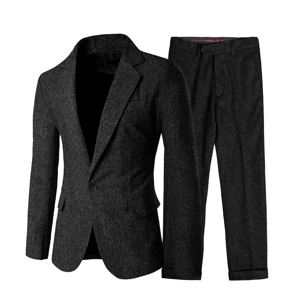 Elegant Men's Suit Set 2 Pieces Classic Fit One Button Daily Business Suits Herringbone Wool Wedding Groomsmen(Blazer+Pants)