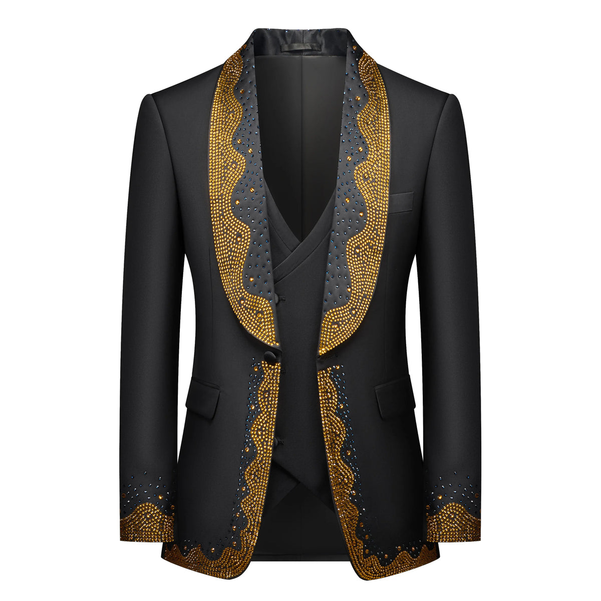Showlu men's beaded slim fit wedding suit with a 3-piece tuxedo set, including jacket, vest, and trousers, on a groom.
