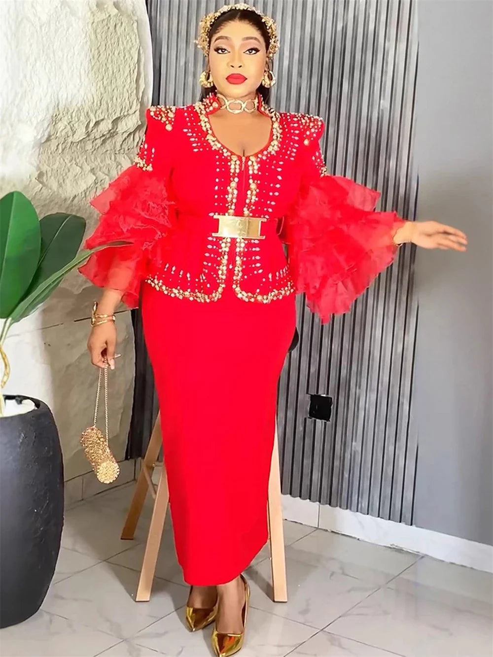African beaded evening gown by Showlu Fashion, vintage slim maxi dress with intricate beadwork and elegant design.