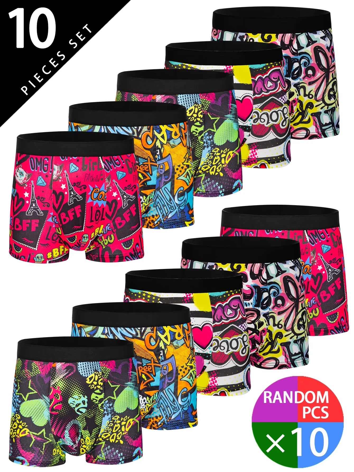 Set of 10 men's printed flat corner underwear from Showlu Fashion Store, suitable for beach, outdoor swimming, and casual wear for teenagers