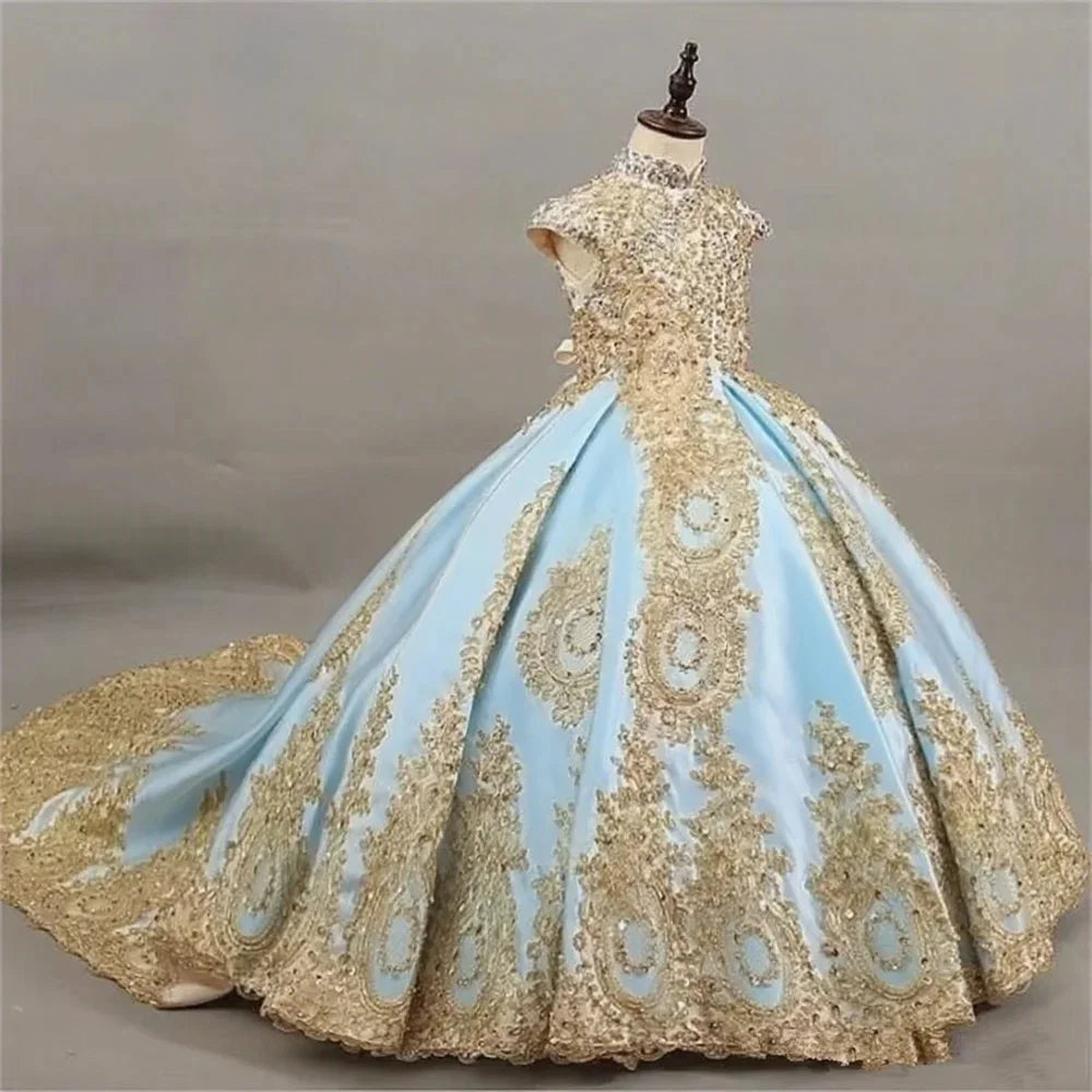 Showlu Fashion Girls' sleeveless ball gown with gold lace embroidery and long train, elegant princess dress for special occasions