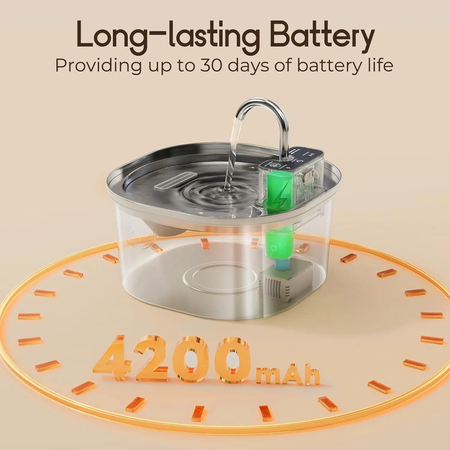 A stainless steel pet water fountain with a visible internal battery and pump.