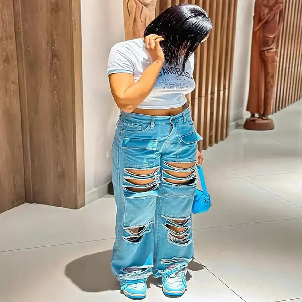 Women's high-waisted ripped street jeans with multi-pockets and straight leg design, featuring broken holes and Y2K style from Showlu Fashion