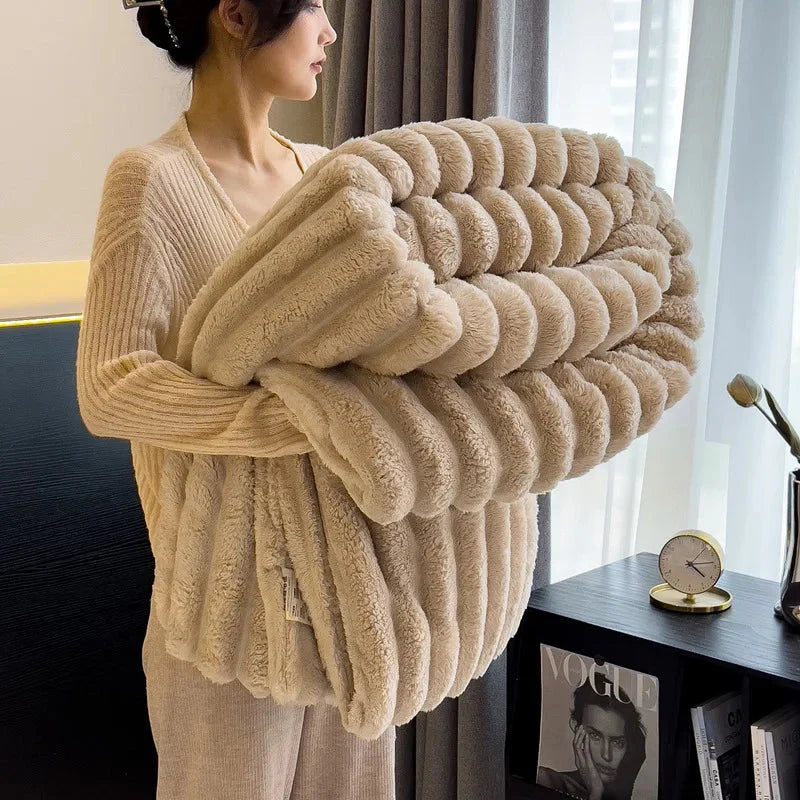 Soft solid color flannel rabbit plush blanket by MINISO, warm bed cover ideal for cozy comfort and relaxing nights.