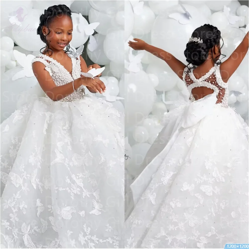 White V-neck Luxury Flower Girl Dresses For Wedding Butterfly Appliques Pearl Child Birthday Party First Holy Communion Gown