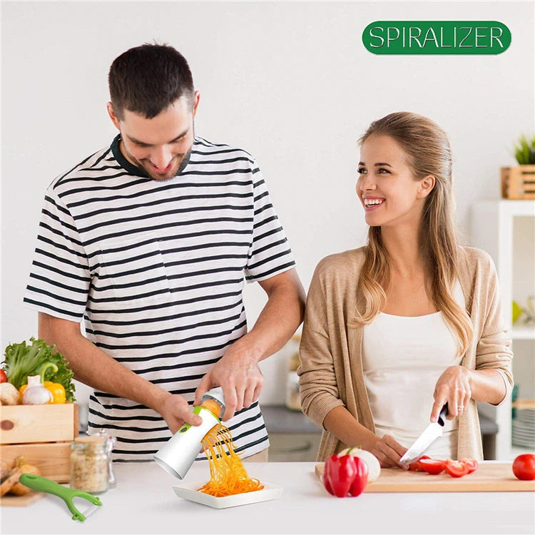 Showlu Smart General stainless steel vegetable spiralizer with three blades for creating spiral vegetable slices.