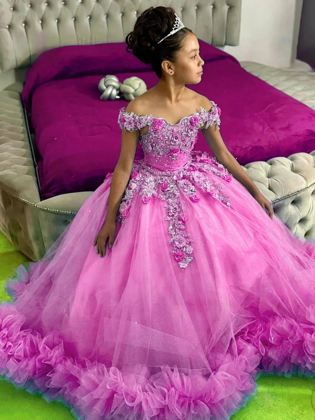 Customized Off Shoulder Flower Girl Dress for Wedding with Bow Appliqué Tulle Long Kids Birthday Party First Communion Gown