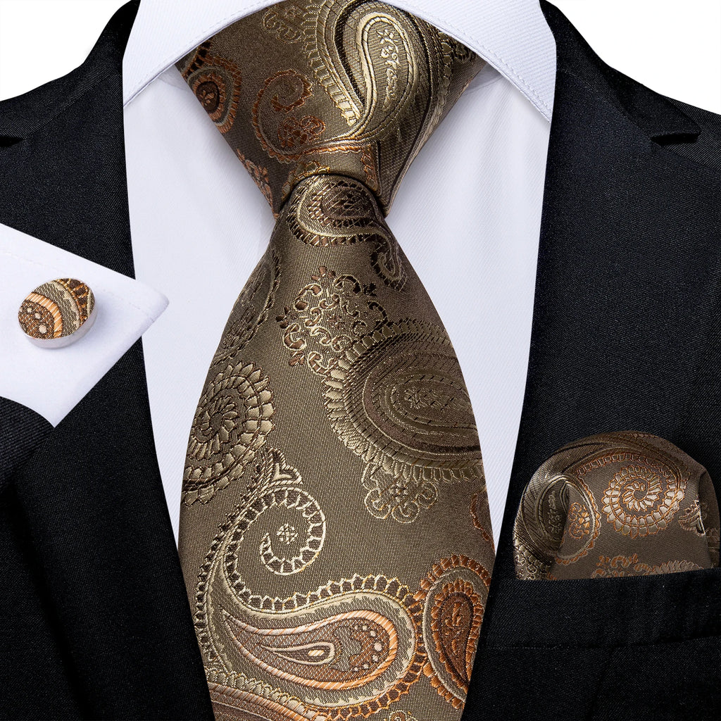 Gift Men Tie Luxury Gold Black Striped Paisley Silk Wedding Tie For Men DiBanGu Designer Hanky Cufflinks Fashion Tie Set